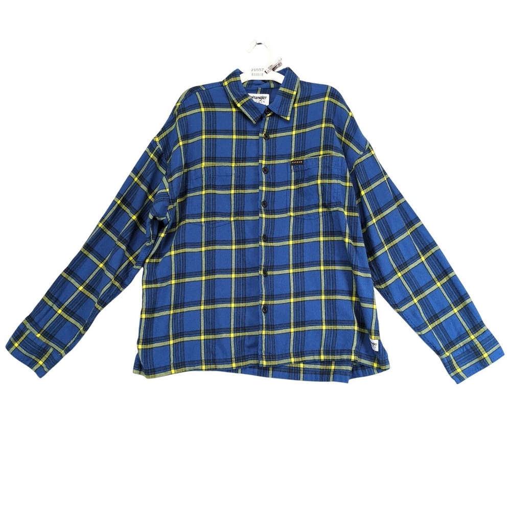 Wrangler PacSun Collab Blue Plaid Flannel Pocket Shirt Mens M Logo Grunge Skater